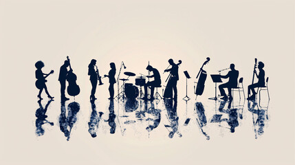 Silhouettes of musicians playing instruments on a white background