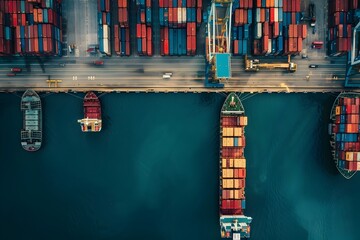 Sleek Aerial Perspective of an Industrial Port with Cargo Ships and Unique Architectural Details