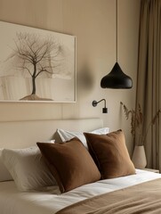 The hotel room has a large black and white tree painting on the wall, chandelier hanging above the bed, beige walls, minimalist style, beige carpet, high-end design sense, modern art decor by Wabisabi