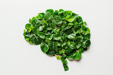 Human brain shape made out of green leaves. Generative Ai concept
