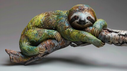 Pointillism Meets D Clay Rendering A Colorful Sloth on a Textured Branch