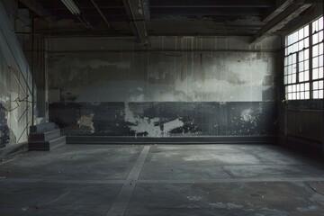 Moody empty warehouse interior with weathered walls and natural light