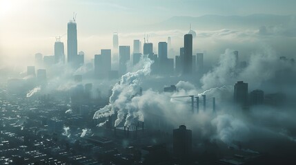 Smog-covered city with Bitcoin advertisements and blockchain technology integrated into the landscape