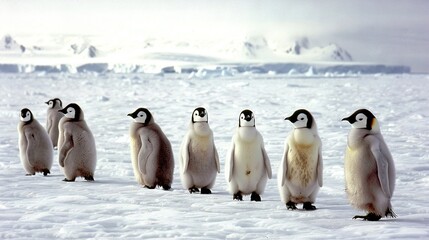 Obraz premium A group of penguins huddled together on a snow-covered field, surrounded by majestic mountains