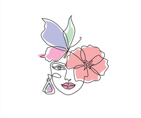 Woman face with butterfly and flowers. Line art female face with butterfly. Continuous One line vector drawing. Portrait minimalistic style. Botanical print. Nature symbol of cosmetics.