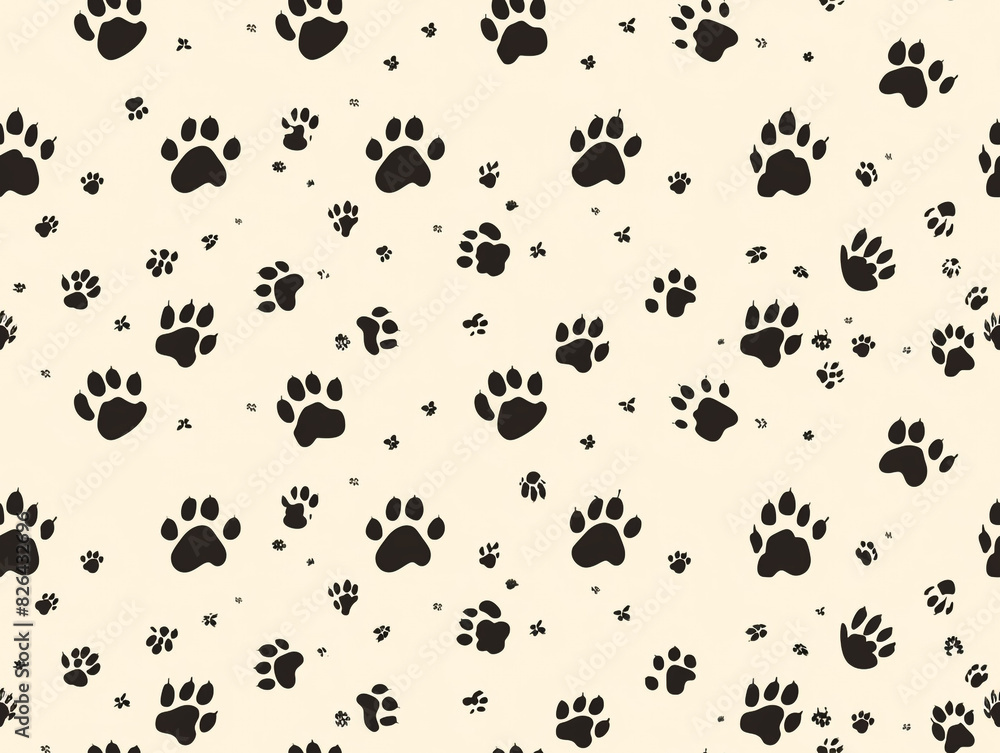 Wall mural A colorful pattern of paw prints background. The paw prints are of different colors and sizes, creating a lively and playful atmosphere. - Wall murals