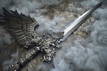 Elegant fantasy sword with detailed wing hilt design, surrounded by ethereal mist, evoking mystery