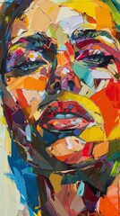 Fototapeta premium Vibrant, textured abstract painting depicting a human face with expressive features