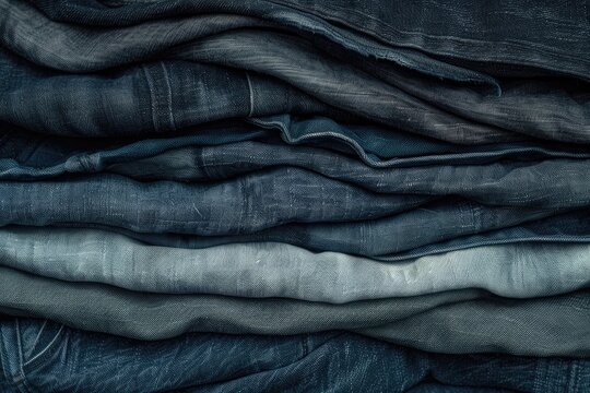 a stack of neatly folded jeans in various shades, creating a gradient effect.