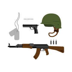 Military helmet, machine gun, pistol and military name badge.