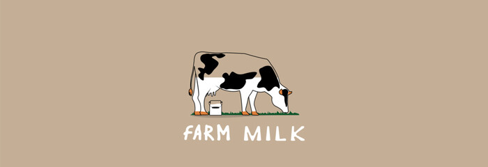 The cow gives her milk. Farm eco milk.