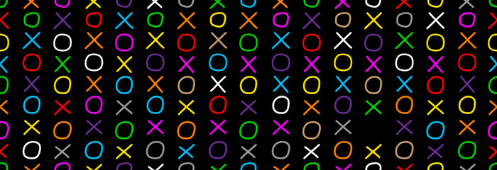 A game of tic-tac-toe. Vector seamless pattern on a black background.