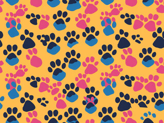 A colorful pattern of paw prints background. The paw prints are of different colors and sizes, creating a lively and playful atmosphere.