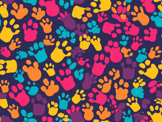 A colorful pattern of paw prints background. The paw prints are of different colors and sizes, creating a lively and playful atmosphere.