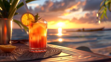 Tropical drinks with garnishes, beach bar at sunset, closeup, photorealistic, Multilayer, ocean view backdrop