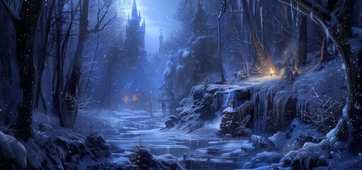 Scene with a fairytale castle illuminated by moonlight on a winter night, with a frozen river among the forest in the foreground