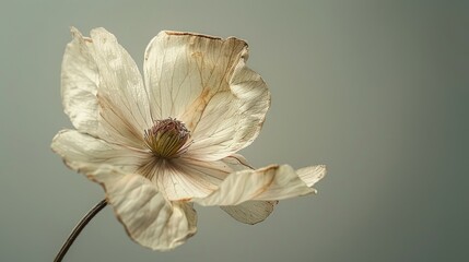 A minimalist image of a wilted flower, where the withered petals still retain a delicate beauty. The photograph illustrates sublime defect, highlighting the grace and elegance found in natural decay.