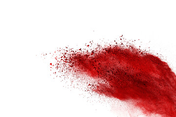 Red powder explosion on white background. Colored cloud. Colorful dust explode. Paint Holi