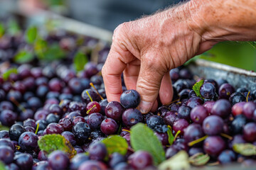 A hand grabbing a huckleberry from a pile on the table
