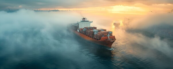 Cargo Ship Approaching Busy Port Through Misty Morning Seascape