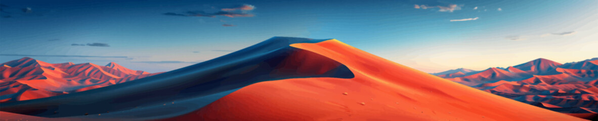 Vibrant illustration of colorful sand dunes in a desert landscape, featuring a distant mountain range under a clear blue sky. Generative ai vector illustration. Pop art comic book style imitation