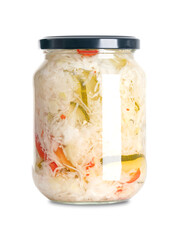 Puszta salad, pickled vegetables, in a glass jar. White cabbage, gherkins, red bell peppers, onions and pasteurized and preserved in a spicy marinade. Addition to a multi-course meal or a barbecue.