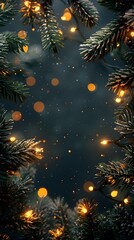 Festive Holiday Frame with Twinkling Lights and Evergreen Branches Isolated of Seasonal Decor with Copy Space