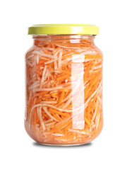 Pickled celeriac and carrot salad in a glass jar. Strips of celery root or knob celery, and carrot strips, pasteurized and preserved in vinegar brine, with salt and spices. Used as a side dish. Photo