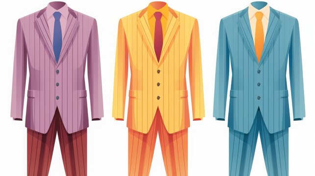 Three colorful business suits in yellow, pink, and blue with matching ties, displayed on a plain background. Formal wear for men.