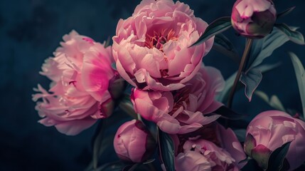 Enchanting pink peonies in moody light