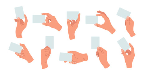 Set with hands holding a blank card. Cartoon flat vector illustration isolated on white
