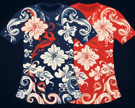 Vibrant floral T-shirts featuring intricate white flower designs on contrasting navy blue and red backgrounds.