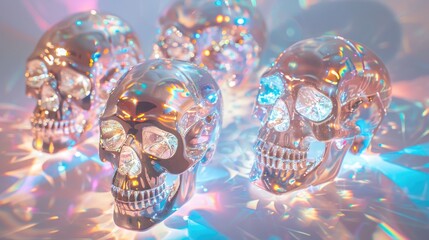 Fototapeta premium A set of glistening crystal skull decorations, catching and refracting light in an eerie dance.