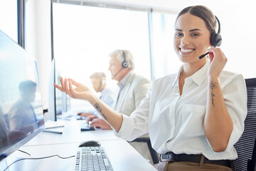 Happy, headset and woman in call center office with telemarketing, consulting and help with smile....