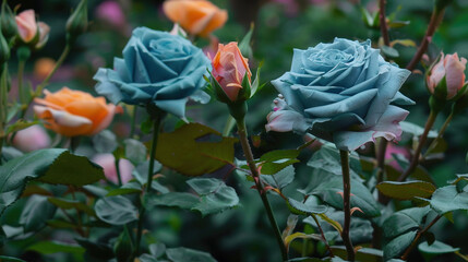 A clearer image shows a close-up of blue and orange roses amidst green and pink flowers, with a sharp focus on the roses and blurred background