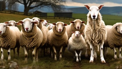 Fototapeta premium A serene view of a flock of sheep with prominent wool grazing in a lush green pasture, with rolling hills and a farm in the distance.. AI Generation