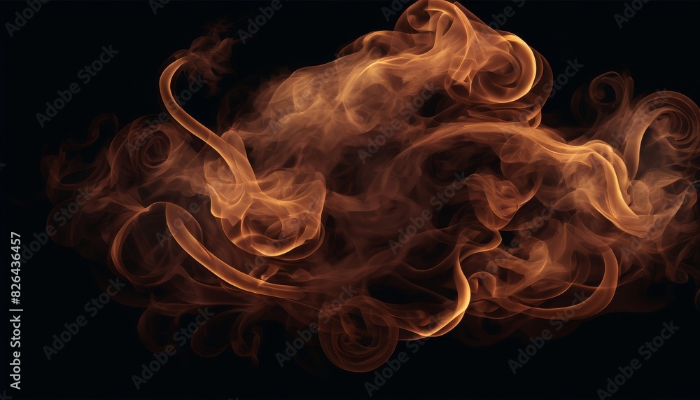 Poster swirling patterns of orange and amber smoke captured against a deep black background, offering a mys