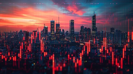 Fototapeta premium The silhouette of a city skyline against a backdrop of fluctuating stock graphs, depicting the dynamic nature of the financial market.