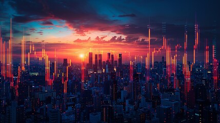 The silhouette of a city skyline against a backdrop of fluctuating stock graphs, depicting the dynamic nature of the financial market.