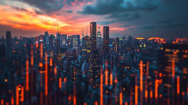The silhouette of a city skyline against a backdrop of fluctuating stock graphs, depicting the dynamic nature of the financial market.