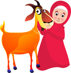 Cute Muslim Girl Loving Her Goat Cartoon Character for Eid Al Adha Festival Element Png Vector.
