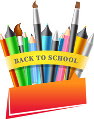 Back To School template or poster with colored pencil, highlighter pen, painting brush on png background.
