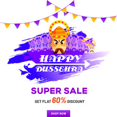 Happy Dussehra Sale poster design with 60% discount offer and Demon Ravana face on abstract png background decorated with party flags.