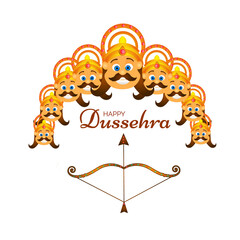 Happy Dussehra festival poster design with illustration of Demon Ravana face with his ten heads and brown Bow-Arrow on png background.
