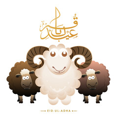 Arabic calligraphy text Eid-Ul-Adha with black and white sheeps on bokeh background for Muslim community festival of sacrifice.