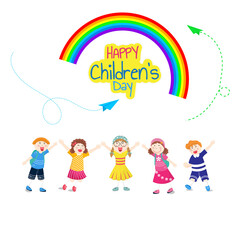 Naklejka premium Group of cute boy and girl character in different activity and rainbow on sky background for Happy Children's Day celebration.
