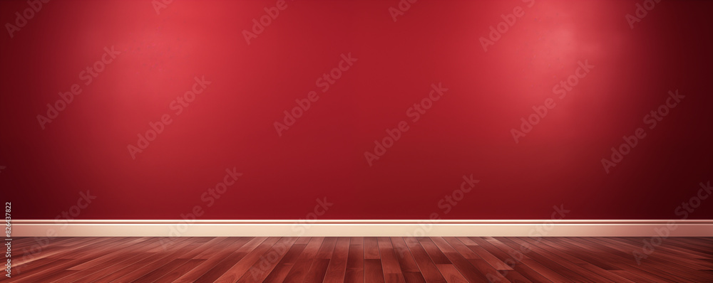 Wall mural empty room with dark red blank wall and wooden floor, generated ai