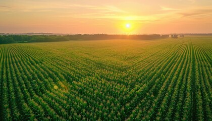 A serene sunrise over vast cornfields, with farmers diligently tending to their crops. The golden hues of dawn illuminate the greenery, promising a bountiful harvest.