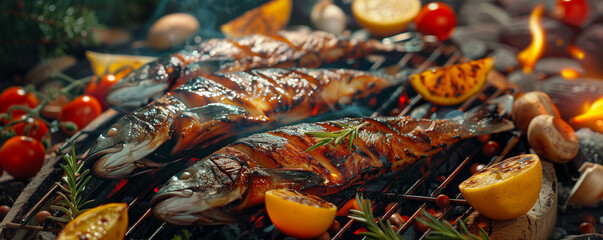 Grilled fish with lemon, tomato and spices, tasty fresh food, generated ai
