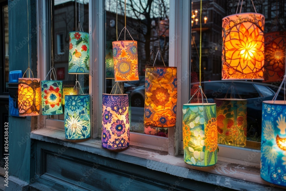 Poster illuminated paper lanterns with vibrant patterns showcased in a storefront window during evening twi